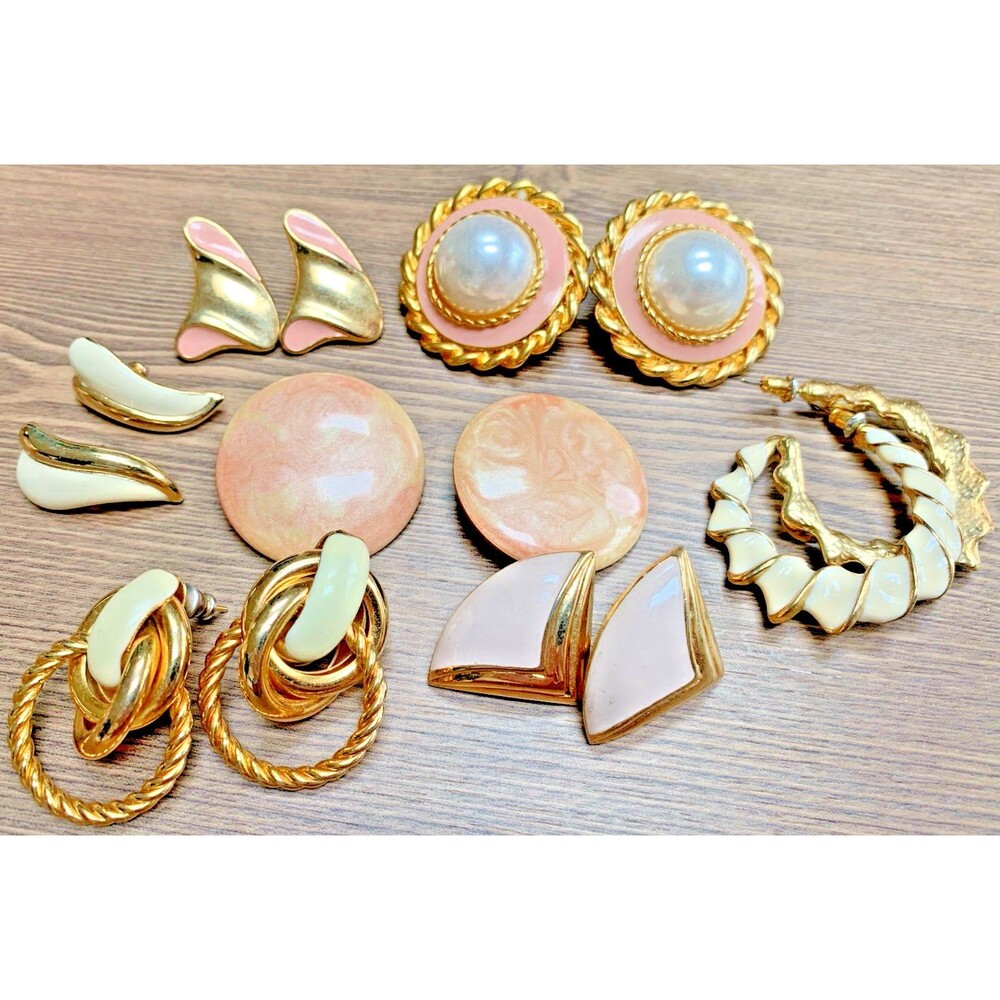 Vintage Earring Lot Pastel Pink Cream Gold Tone Coquette Cottagecore 7 Pairs